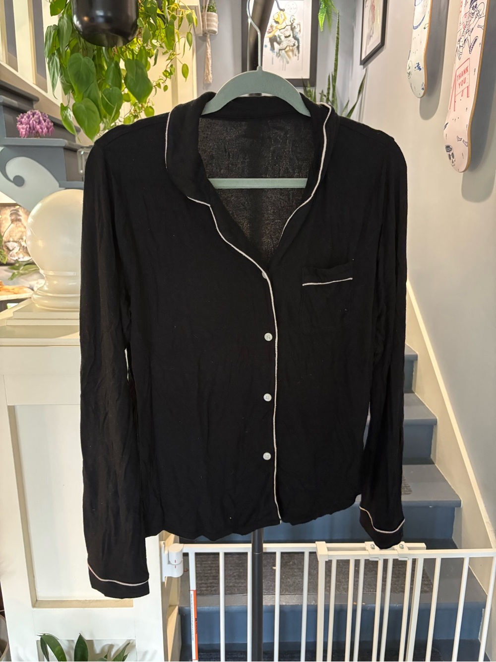 Mossimo Supply Co. Black Long-Sleeve Pajama Top with White Piping